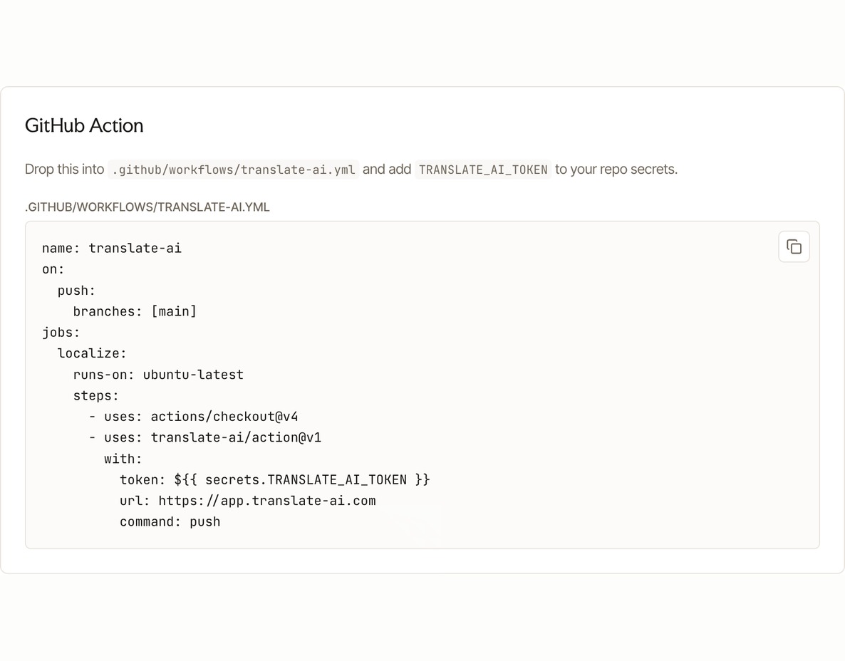 A GitHub Action workflow running transglot/action@v1 to push source strings on every commit to main