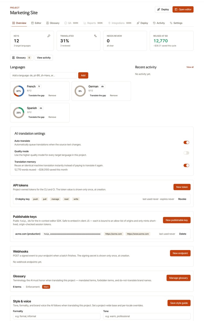 A transglot project overview: target languages, AI translation settings, API tokens and webhooks